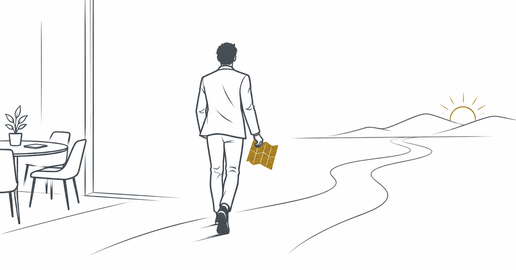 地図を手に歩き出す人物の後ろ姿のイラスト