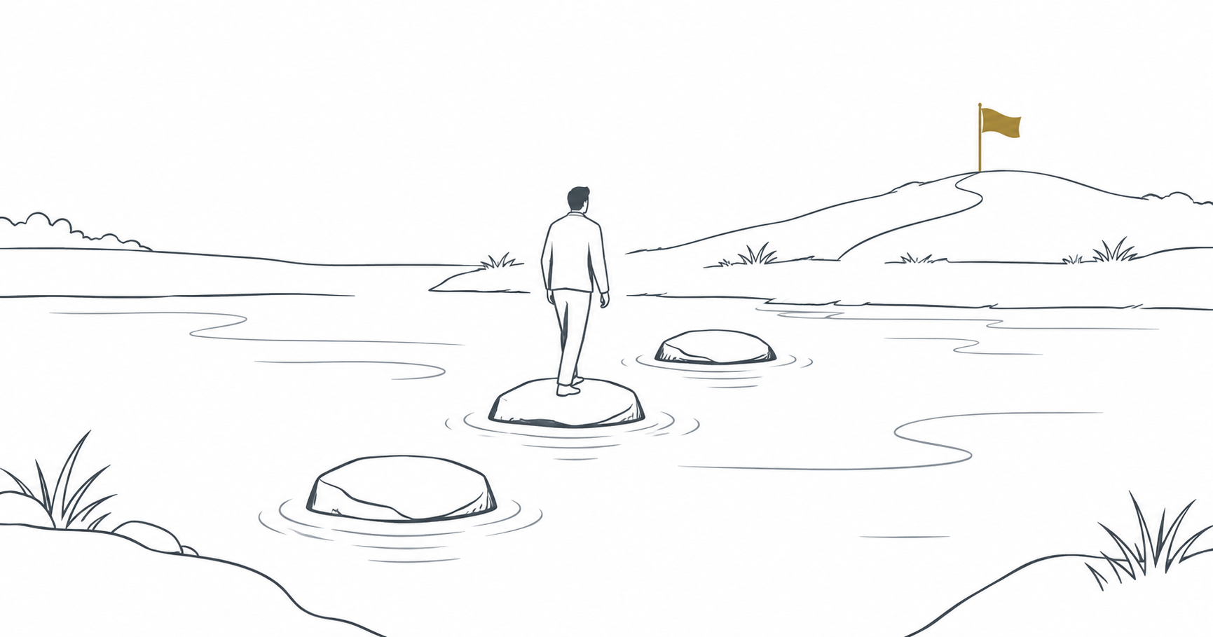 川の踏み石を渡る人物の先の対岸に旗が立つイラスト